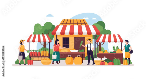 Farmers Market Flat Vector Illustration. Local Vendors Selling Fresh Produce, Fruits, and Vegetables to Customers Outdoors.