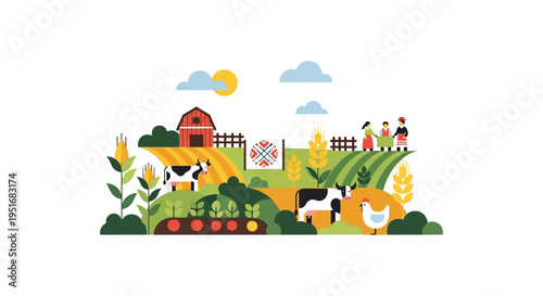 Traditional Farming Landscape Illustration with Barn, Cows, and Harvest Crops. Rural Folk Art Vector Design for Agriculture and Sustainable Food.