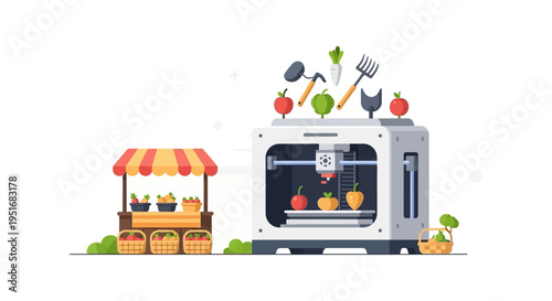 Digital Farming Concept: 3D Food Printer Producing Fruits and Veggies for a Local Market Stall