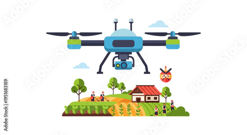 Smart Farming Drone Monitoring Crops and Farm Field. Precision Agriculture Technology for Agronomy and Modern Rural Management Vector Illustration.