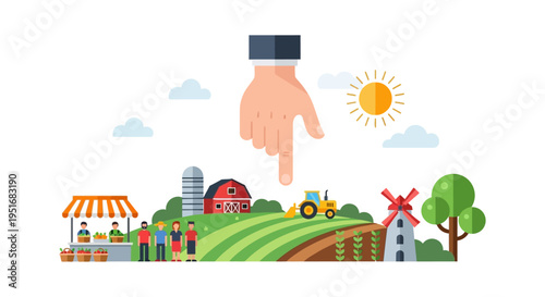 Choosing Agriculture: Hand Pointing at Modern Farm Landscape, Farmers Market, Tractor, and Rural Economy Investment.
