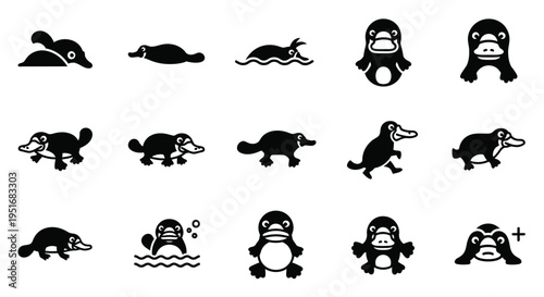 Monochrome platypus set featuring front view and side profile silhouettes