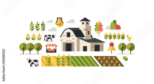 Flat Design Agricultural Farm Scene Vector Illustration with Barn, Crops, Livestock, and Farmer's Market Stand