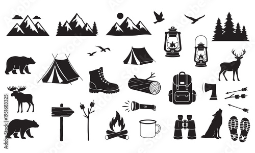 Camping and Adventure Wilderness Hiking Outdoor Activity Vector Icons Set