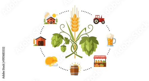 Agricultural Beer Production Cycle Infographic. Farming, Hops, Wheat, Tractor, Barrel, and Mug Flow Chart.