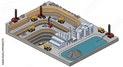 Isometric Coal Mine and Power Plant Illustration.