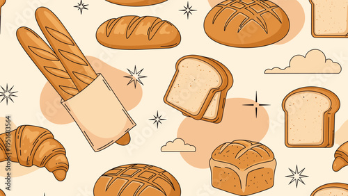 Seamless pattern of various types of fresh bread including long baguettes croissants and sliced sandwich bread.