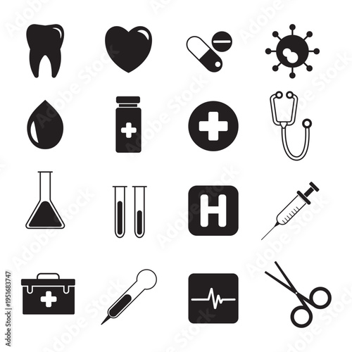 Medical icon set featuring 16 black flat vector illustrations of healthcare symbols, hospital equipment, and laboratory tools for professional design.