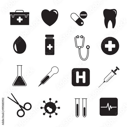 Medical icon set featuring 16 black flat vector illustrations of healthcare symbols, hospital equipment, and laboratory tools for professional design.