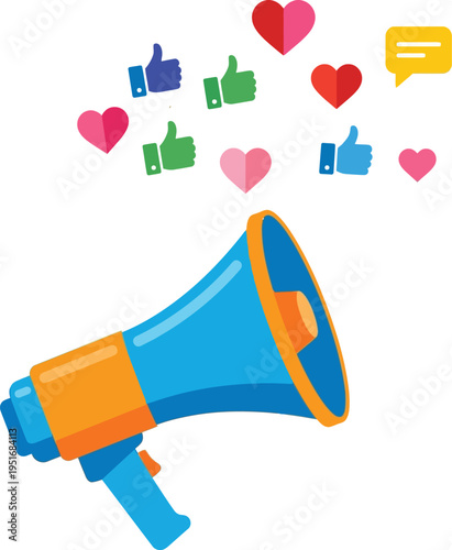 A colorful megaphone surrounded by social media engagement icons