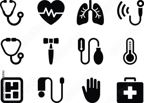 Medical icon set, clean black and white minimalist healthcare icons featuring stethoscope otoscope thermometer sphygmomanometer and first aid kit symbols for medical and clinical projects.