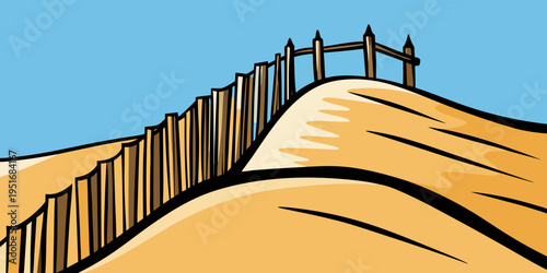 Silhouette of a large sand dune with a beach fence leading to the ocean, symbolizing nature and scenery vector silhouette