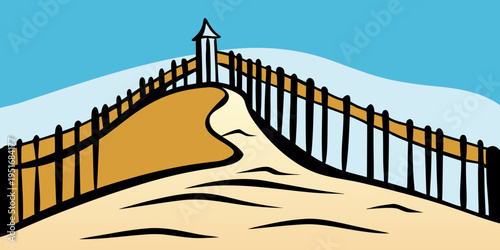 Silhouette of a large sand dune with a beach fence leading to the ocean, symbolizing nature and scenery vector silhouette
