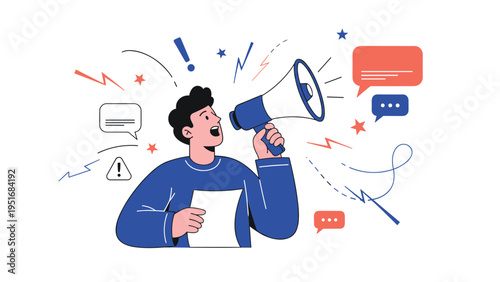 Young man shouting into a megaphone to make an important announcement surrounded by speech bubbles and energetic icons.