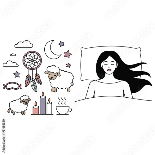 A woman peacefully sleeps surrounded by dreamcatcher and calming objects