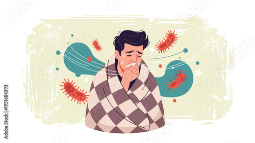 Ill man wrapped in checkered blanket coughing into tissue surrounded by giant red virus bacteria and floating particles.