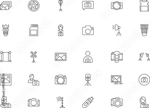 Photography Line Icon Set Vector, Camera and Studio Equipment Outline Icons Collection, Photo Shooting Tools Thin Line Symbols Pack, Editable Stroke Media Icons