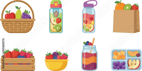 Assorted healthy fruits displayed in various containers and packaging styles