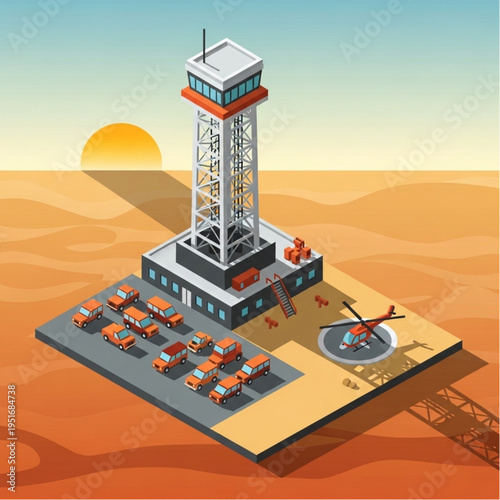Isometric Desert Airport Control Tower with Vehicles and Helicopter.