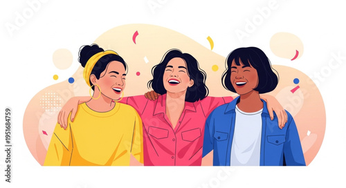 Three happy young women friends laughing together embracing.