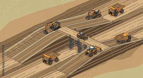 Isometric Construction Site - Heavy Machinery and Infrastructure Illustration.