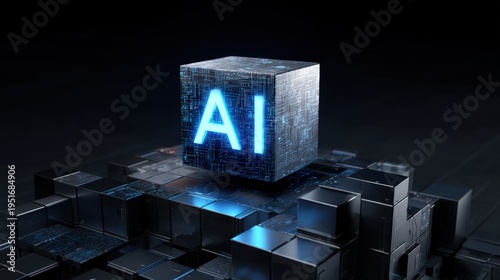 Artificial Intelligence Cube: Modern Digital Technology Concept with Glowing AI Text on Metallic Blocks