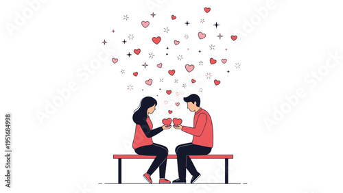 Romantic couple sitting on a red bench and holding hearts while many small hearts and stars float above them.