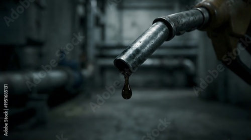 Oil drips slowly from the end of a fuel nozzle inside an industrial facility. Pipes and machinery are visible in the background. Light filters through a dusty space during daytime