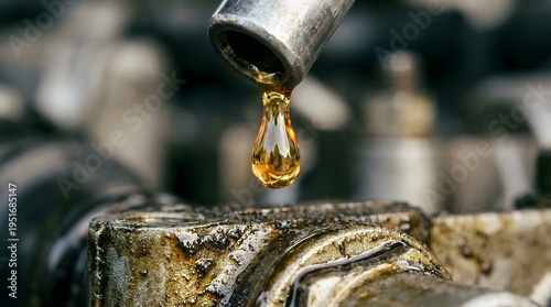 Oil drops from a metal pipe onto a dirty surface in a workshop. The setting shows equipment and tools used for vehicle maintenance. It is likely a busy working day for mechanics