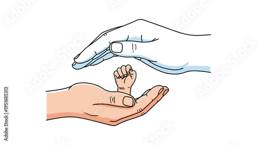 Concept of protection and care with large adult hand hovering over tiny infant fist held in another palm for safety and family themes.