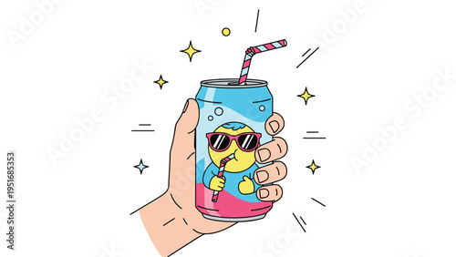Human hand holding blue soda can with cool character wearing sunglasses and drinking with straw.