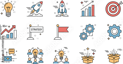 Startup growth and business strategy icons vector set with rocket target chart idea teamwork and innovation line illustrations