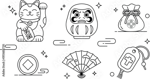 Japanese lucky symbols line icons vector set with maneki neko daruma coin fan omamori and traditional good luck elements illustration