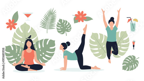 Diverse women practicing different yoga poses and meditation surrounded by tropical leaves and cocktails.