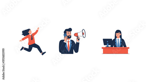 Business team set featuring running woman, man shouting through megaphone, and woman working at desk with computer.