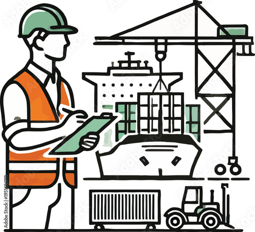 Dock worker overseeing cargo ship loading with crane and forklift