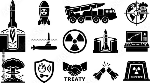 Nuclear Missile and Military Weaponry Icons Set for Global Security