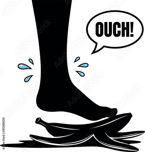 A person stepping on a broken glass with a painful expression and water droplets nearby.