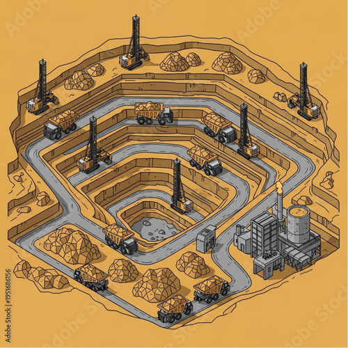 Isometric Illustration of a Large Open-Pit Mine with Heavy Machinery.
