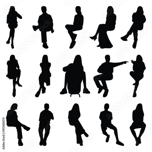 Vector collection set of sitting people silhouettes.	
