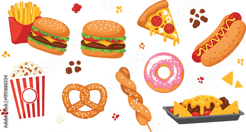 Fast food vector set featuring burgers fries pizza hotdog donut pretzel popcorn and snacks with delicious street food illustration