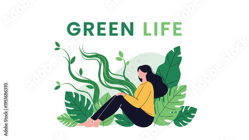 Beautiful young woman sitting peacefully in lush green garden with text green life for eco friendly concept.