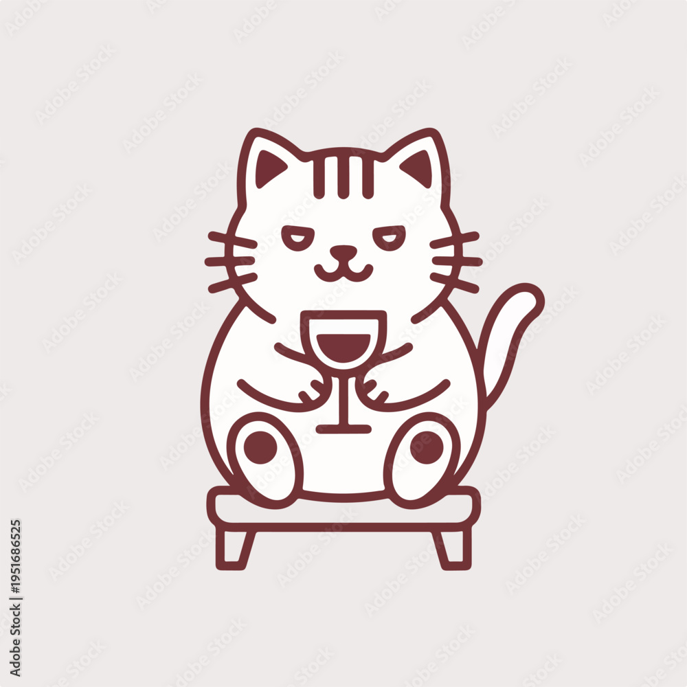 Obraz premium Cute Cat Sitting on Chair Holding Wine Glass — Monoline Burgundy Vector