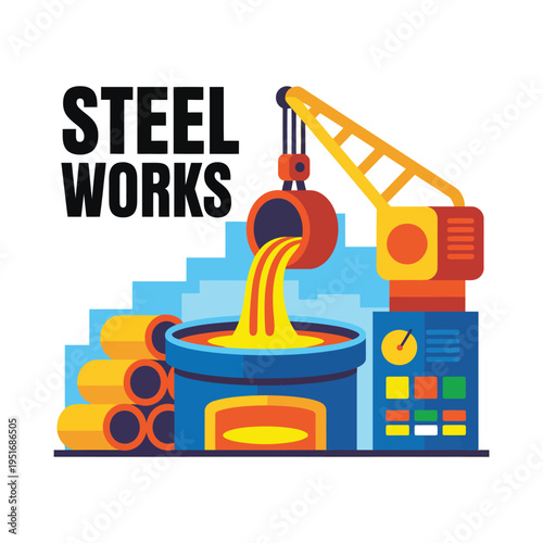 A vibrant illustration of a steel works factory with a crane