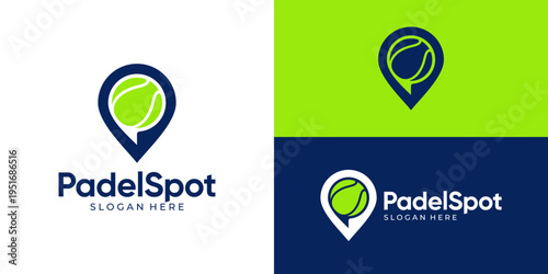 Creative simple padel spot logo template. Padel sport logo, tennis icon with local pin map logo design vector illustration.