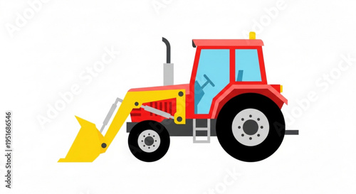 Red tractor with front loader in flat design style  