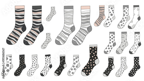 Large set of colorful socks with various patterns including stripes polka dots and geometric shapes.