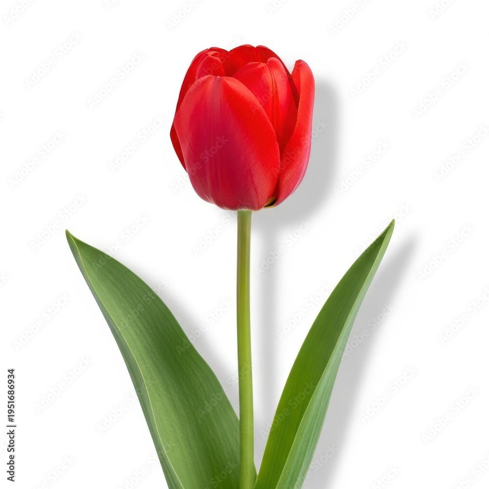 Naklejka premium A single red tulip with green leaves on a white background