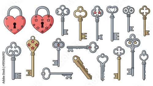 Large set of various vintage style keys and heart shaped padlocks in a simple line art illustration style.