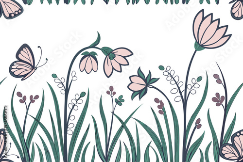 Beautiful hand-drawn vector illustration of blooming spring flowers, lush green grass, and graceful butterflies in a charming natural meadow design.